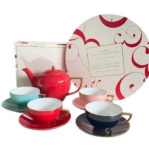 Indigo Gilded Tea Pot Cups and Saucers Set NWT​​